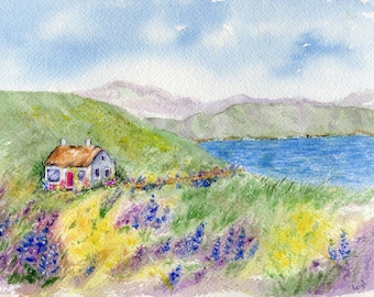 Irish By The Sea:  Ireland landscape painting Irish art Irish cottage print Ireland print watercolor landscape Irish gift watercolor