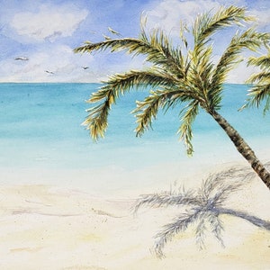 Tropical Beach Watercolor Painting Prints or Original Painting, Palm Trees Art, Beach Decor Ocean Painting, Beach Print Ocean Print Coastal