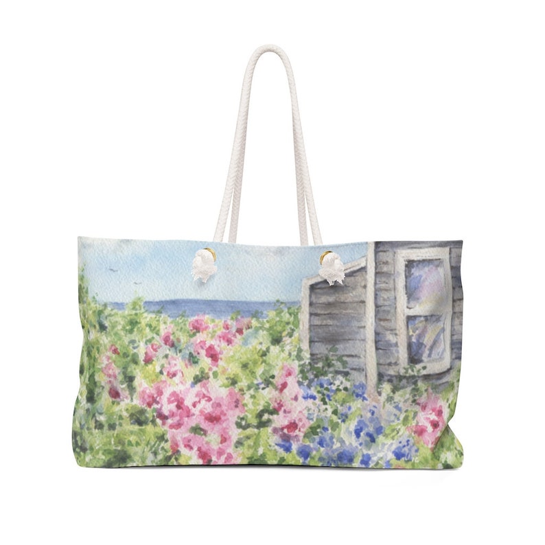 Beach Cottage Weekender Bag Nantucket art Beach House Tote Bag Cape Cod Beach Bag Large Beach Bag Coastal Art Bag Large Tote Bag