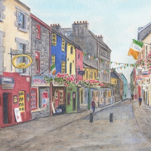 Galway Irland Quay Street Kunstdruck, Aquarelldruck, irische Kunst, Irland Malerei, irisches Geschenk Irland Geschenk