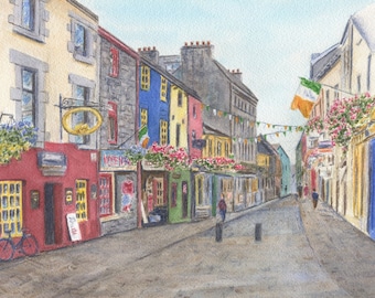 Pintura de la calle del muelle de Galway, Irlanda, lámina de Galway, lámina de acuarela, arte irlandés, pintura de Irlanda, regalo irlandés, regalo de Irlanda