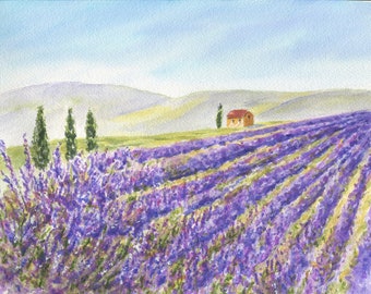 Lavendelfeld OriginalGemälde: Provence Frankreich, Lila Blumen, Lila Kunst, Landschaftsmalerei, Original Aquarell