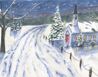 Winter Night: winter watercolor painting snow painting Christmas painting original snow painting framed watercolor painting winter art frame