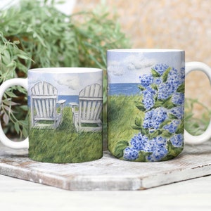 Nantucket Seaside Coffee Mugs: Nantucket Mug, Cape Cod Hydrangea Gift Seaside Hydrangeas art Cape Cod gift, stoneware mugs, large mug