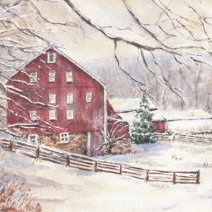 First Snow: Red Barn In Snow, snow scene painting, winter landscape, winter landscape watercolor print, framed  barn art, Barn original art