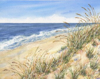Looking South, Beach Watercolor, Original Watercolor Painting, Beach Dunes Painting, Ocean Painting, Dune Grass, Ocean Watercolor