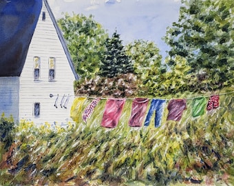 Clothesline Watercolor Painting Prints or Original Painting, Clothesline Art, laundry art watercolor print, clotheline art print framed,