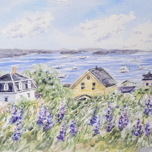 Stonington Maine Coastal Watercolor Print or Original Maine Painting, Deer Isle Maine Art Print, Maine Lupine Art, Maine Wall Art,