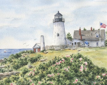 Pemaquid Light, Maine fyr, Maine kustkonst, Maine akvarell eller tryck, Inramat akvarelltryck original akvarell Maine fyr