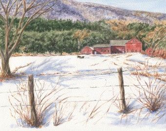 Vermont Farm granero pintura escena de nieve de invierno de Nueva Inglaterra pintura Leigh Barry Acuarelas Vermont arte impresión pintura de paisaje de montaña