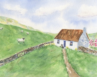 Irish Countryside: Irish landscape painting Irish art print Irish gift Ireland landscape Irish cottage print Irish sheep Ireland cottage art