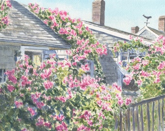 Rose Covered Cottage: Nantucket watercolor print or original, Sconset art print, cottage art, Sconset, Nantucket painting, framed art