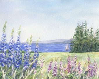May include: Watercolor painting of a serene landscape featuring vibrant blue and purple lupine flowers in the foreground. A sailboat glides on a blue lake, with a backdrop of green trees and a light blue sky. A peaceful nature scene.