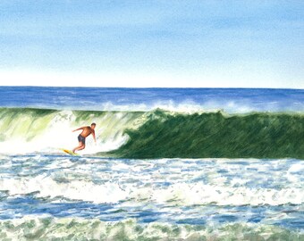 May include: Watercolor painting of a surfer riding a wave. The surfer is wearing blue shorts and riding a yellow surfboard. The wave is green and white, and the sky is blue. The ocean is a mix of blue and white.