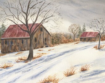 Gray Skies: Winter landscape painting snowy barn painting watercolor barn art farmhouse wall decor framed barn painting winter art print