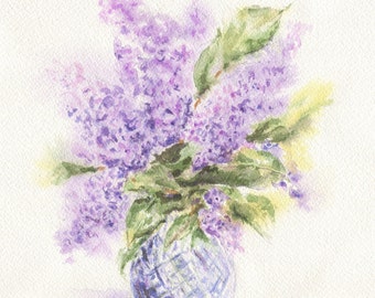 Lilac Vase Original Painting: Floral Art, Flower Painting, Lilac Watercolor, Purple Flowers, Original Watercolor