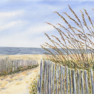 Dünen Zaun Aquarell Strand Gemälde, Strand Aquarell Druck, Strand Dekor, Strand Gemälde, Strandweg Druck, Küstenkunst, gerahmte Strandkunst