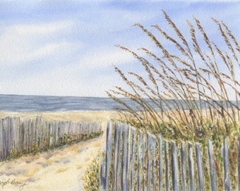 Dune Fence Watercolor Beach Painting,Beach Watercolor Print, Beach Decor, Beach Painting, Beach Path print, coastal art, framed Beach art