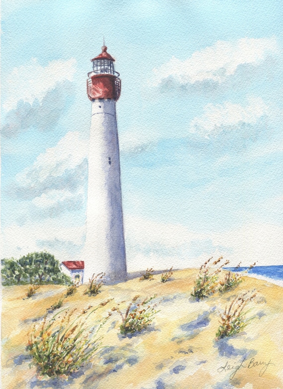 Cape May Lighthouse, New Jersey shore: Original watercolor painting beach house decor lighthouse painting watercolor beach print beach decor