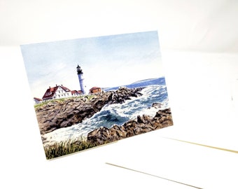 Tarjetas de felicitación del faro de Portland Tarjetas de felicitación del faro de Portland Tarjetas en blanco Faro de Maine Regalo de Maine Arte de Maine Pintura Acuarela de Maine