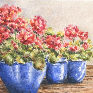 Red Geraniums Watercolor Print or Original Painting, Geraniums Art Print, Red Floral Print, Framed Art, Garden Art, Blue and Red Floral