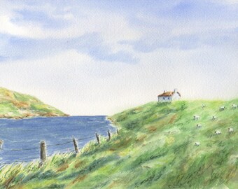 Irish Cottage On Hill Ireland Landcape painting, Irish cottage,Ireland watercolor Irish art Ireland landscape print, Irish gift, Ireland