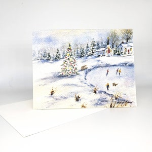 Winter Skating Christmas Cards, Winter Snow scene, Ice Skating, greeting cards, landscape watercolor notecards, snow painting art