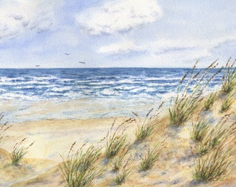 Windy Day: Beach Watercolor Print or Original Watercolor, Beach Decor, Ocean Dunes Painting, Beach Art, Seashore, Beach Dunes