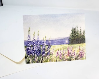 Tarjetas de notas de lupino de Maine Tarjetas de notas de Maine Regalo de Maine Pintura de Maine Arte de lupino Arte costero Pintura del océano Tarjetas en blanco Pintura de flores de lupino