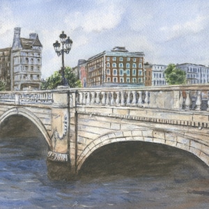 Most O'Connella, Dublin, Irlandia, akwarele lub obrazy oryginalne, rzeka Liffey, wydruk w Dublinie, sztuka irlandzka, krajobraz Irlandii, sztuka Dublina