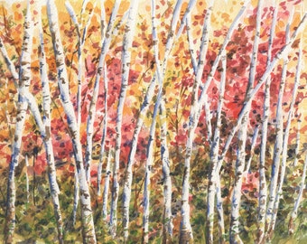 Autumn Birches Original Painting, Autumn painting, Autumn Leaves, Wall decor, Birch tree, original watercolor