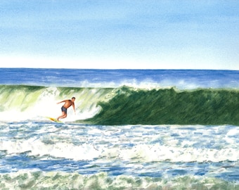 Surfare Originalmålning: Strandakvarell, Surfkonst, Havsmålning, sommarkonst, Originalakvarell