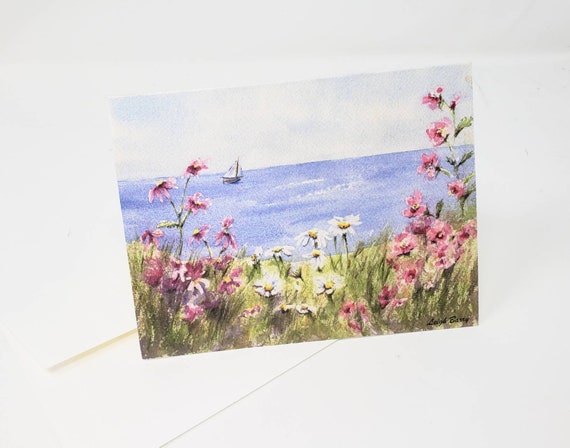 Sailing By Coastal Notecards Blank notecards  sailboat notecards floral beach art blank beach cards ocean watercolor notecards note cards
