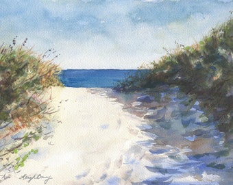 Akvarelltryck på strandstigen, havsmålning, stranddekor, kusttryck, strandkonst, strandhusdekor, inramad havsmålning, Leigh Barry