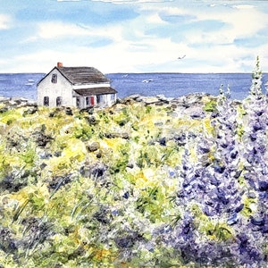 Maine Lupine House Watercolor Print or Original Maine Painting,  Maine Art Print, Maine Lupine Art, Maine Wall Art,