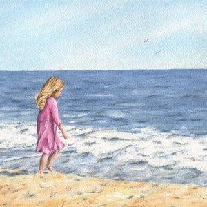 At The Beach Watercolor Painting Prints or Original Painting, Girl on Beach, Beach Decor, Ocean Path Painting, Beach Print, Coastal art