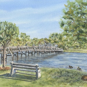 Spring Lake New Jersey original watercolor print framed  wall art great wedding gift  lake and bridge landscape painting