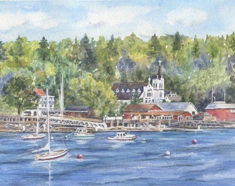 Boothbay Harbor Watercolor Print or Original Maine Painting, Boothbay Harbor Maine Art Print, Maine Painting, Maine Harbor Wall Art,