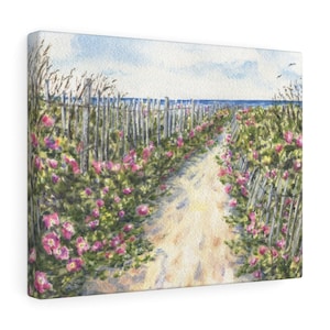 Papier peint sur toile Cape Cod roses, impression aquarelle roses de plage, art chemin de la plage, décoration de plage,