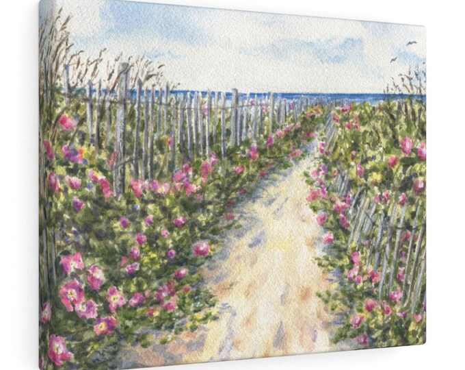 Cape Cod Roses Canvas Wrap, Beach Roses Watercolor Print, Beach Path