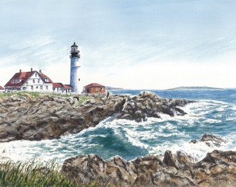 Portland Head Lighthouse Maine painting lighthouse painting watercolor seascape ocean painting print framed seascape painting Leigh Barry