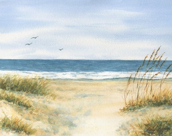 Akvarellmålningar med strandgräs, stranddekor, havsmålning, strandtryck, havstryck, Leigh Barry, inramad kustkonst