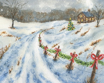 Coming Home Original Painting, Christmas Art, Winter Painting, Snowy Art, Christmas Painting, Wall Decor, Original Watercolor
