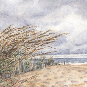 Nor&#39;easter Beach Watercolor Print, Beach Decor, Ocean Dunes Painting, Beach Art, Seashore Print, Beach Dunes