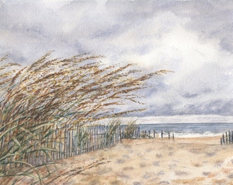 Nor'easter Beach Watercolor Print, Beach Decor, Ocean Dunes Painting, Beach Art, Seashore Print, Beach Dunes