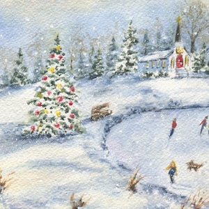 Winterschaatsen: kerstkunst, sneeuwlandschap schilderen, winterlandschap, schaatsen, aquarelprint winterlandschap, ingelijste schaatsafdruk,