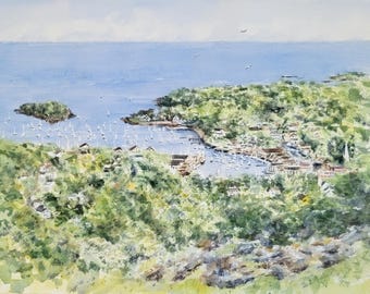 May include: Watercolour painting of a coastal town with a harbour full of sailboats. Lush green hills surround the town, and a small island is visible in the distance. The sky is a light blue, and the water is calm.