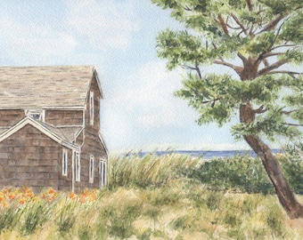 Delaware Shore House Beach Watercolor Print or Original Watercolor, Beach Decor, Ocean Dunes Painting, Beach Art, Seashore Print