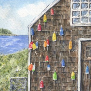 Lobster Shack, Lobster Buoys,  Maine painting, original or print, watercolor painting, Maine art watercolor Maine painting seaside landscape