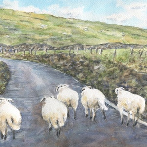 Slow Going, Irish Road watercolor prints or original painting, Irish sheep landscape art, Ireland landscape print, Irish road, Irish art